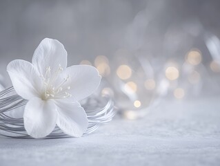 Elegant White Flower Silver Wire Lights Festive Winter Bloom Botanical art soft pure calm decor