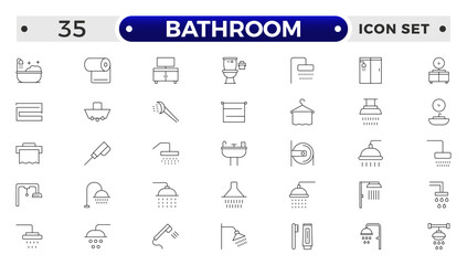 Bathroom outline icons. Editable Stroke. Shower, bath, toilet, bidet, mirror, water tap. Laundry and garbage basket. Cosmetics shampoo comb cream. Toilet paper napkins.