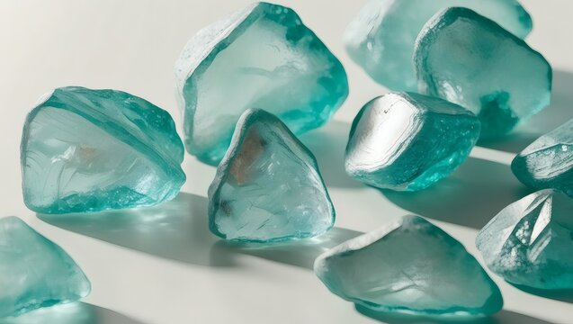 Scattered turquoise crystal stones with rough translucent surface texture on white background for modern natural mineral display