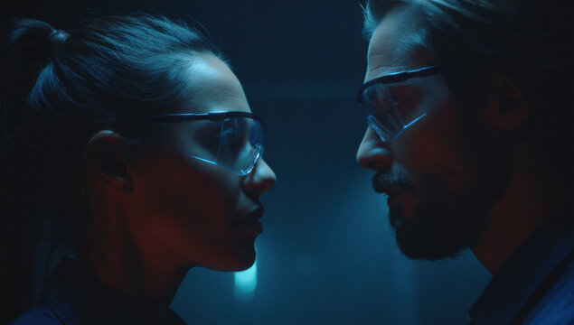 A cinematic photograph of two people facing each other. The woman on the left side is wearing safety glasses  : Generative AI