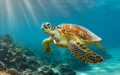 Obraz premium Close-up of a sea turtle swimming with detailed shell patterns
