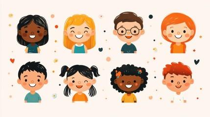 Joyful Diverse Children Portraits Pixel Art Illustration