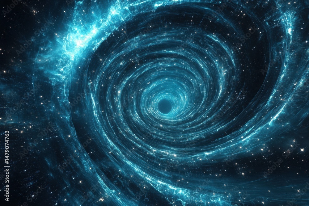 Wall mural wormhole tunnel with blue glowing nebula web in deep space, 3d wormhole tunnel blue glowing nebula w