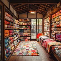 Shelves filled with colorful folded and rolled kimono fabrics arranged by color and pattern inside a traditional Japanese wooden room. Generative by AI.