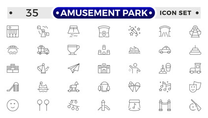 Amusement Park minimal outline web icon set. Included the icons as Rollercoaster, Carousel, Ferro's Wheel and more. Outline icons collection.