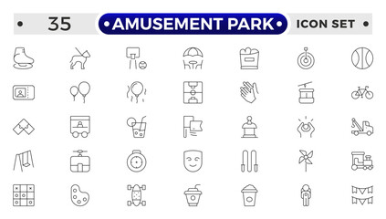Amusement Park minimal outline web icon set. Included the icons as Rollercoaster, Carousel, Ferro's Wheel and more. Outline icons collection.