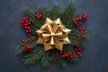Christmas holiday arrangement with gold bow, pine branches and red berries on textured background. Perfect for festive seasonal gift or decor concepts.