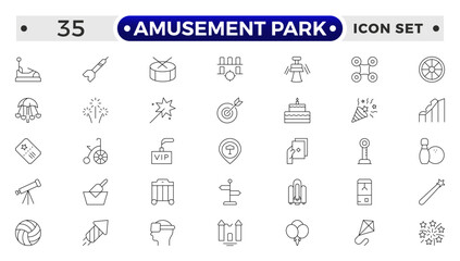 Amusement Park minimal outline web icon set. Included the icons as Rollercoaster, Carousel, Ferro's Wheel and more. Outline icons collection.