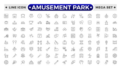 Amusement Park minimal outline web icon set. Included the icons as Rollercoaster, Carousel, Ferro's Wheel and more. Outline icons collection.