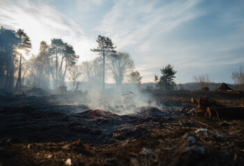 Fototapeta premium Smoldering embers and smoke rise from a recently burned forest clearing at sunset, trees silhouetted against a pale sky. : Generative AI