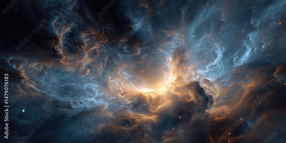 Poster Cosmic Nebula: A swirling vortex of blue, orange, and gold gaseous clouds in deep space, illuminated by a bright central core, creating a dramatic and ethereal celestial scene. : Generative AI