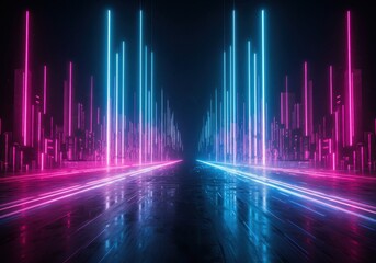 Neon lights illuminate a futuristic cityscape with abstract geometric building structures