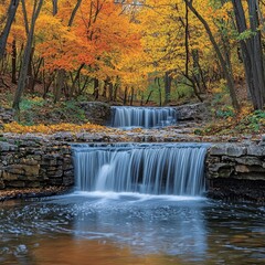 Waterfall cascading over stone ledge into calm pond surrounded by autumn forest with red, orange, and yellow leaves. Generative by AI.