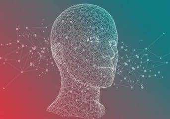 A wireframe head represents digital network and artificial intelligence on a gradient background