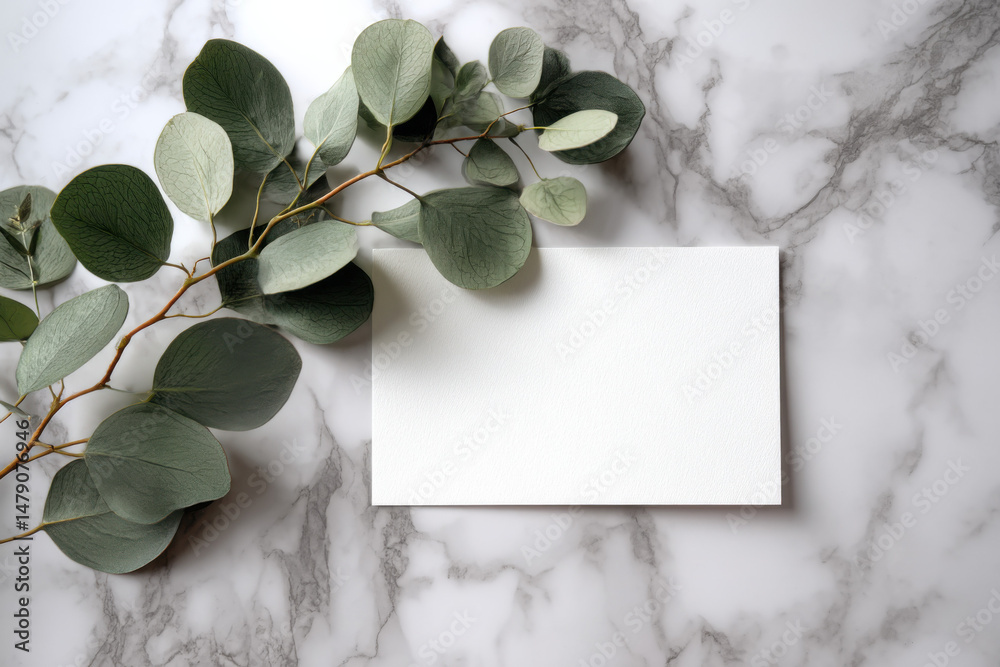 Poster elegant eucalyptus branch and blank white card on marble surface, ideal for wedding invitations or s