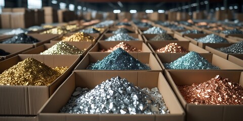 Various types of refined metal ores including copper, gold, silver, and aluminum stored in cardboard boxes at an industrial warehouse, ideal for mining, metallurgy, or raw material visuals

