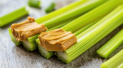 A close-up of celery sticks with peanut butter