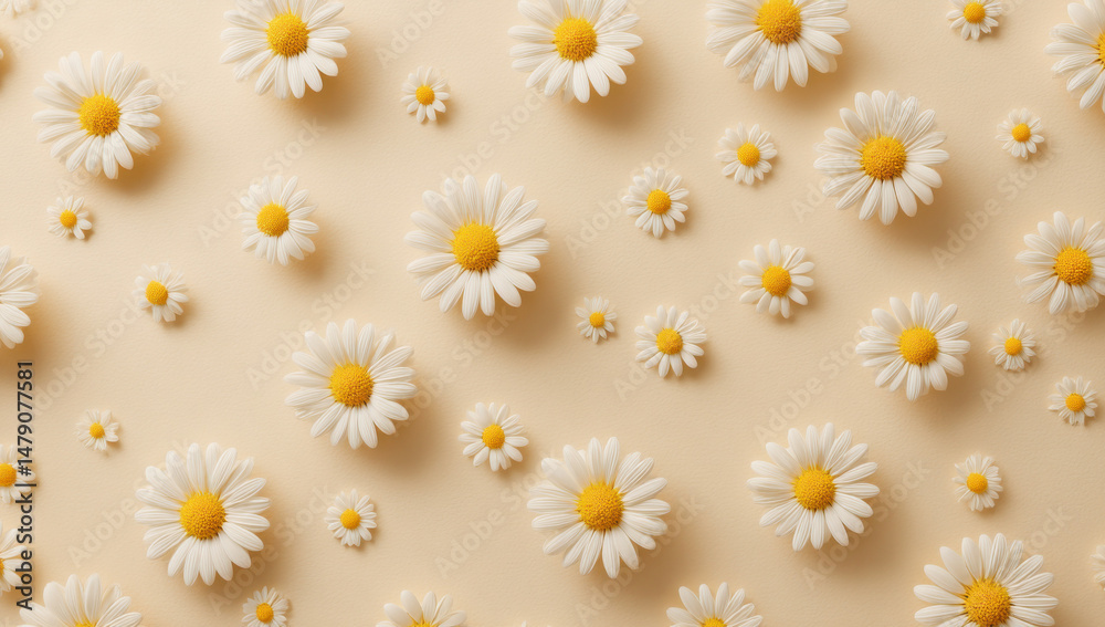 Poster A delightful pattern of numerous daisies arranged on a pale beige background, creating a charming and delicate floral design. : Generative AI