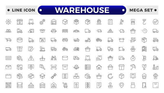 Warehouse service outline icon set. Containing order tracking, delivery home, delivery , truck, scooter, courier and cargo icons. Shipping symbol.
