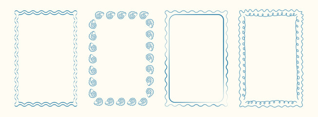 Whimsical hand drawn Italian borders, postcard stamp set. Vintage Italy summer frames in doodle style. Minimalist mediterranean blue elements for menu, wedding, invitation. Coastal Isolated Vector ill