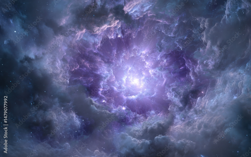 Poster a vibrant nebula swirls in deep space, its purple and blue hues illuminated by a radiant core, creat