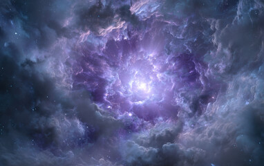 Fototapeta premium A vibrant nebula swirls in deep space, its purple and blue hues illuminated by a radiant core, creating a cosmic spectacle of swirling gas and dust. : Generative AI