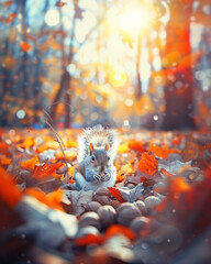 Red squirrel eating a nut on a forest floor, shallow depth of field