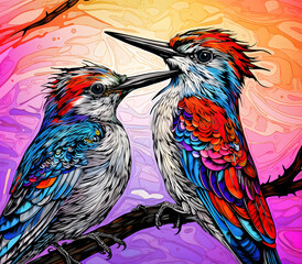 an abstract drawing of a Woodpecker with colorful lines, precisionist lines, light red and indigo, colorful turbulence with mixed pattern colorful background