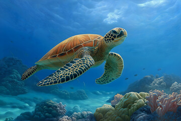 Fototapeta premium A sea turtle gracefully swims above a vibrant coral reef in clear blue ocean water.