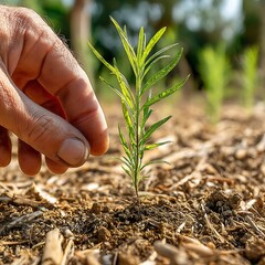 Hand planting seedling in garden bed