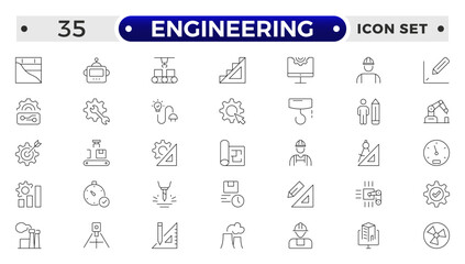 Engineering outline icon set. Future technology icon set. Containing robot, artificial intelligence, innovation, smart city, robotics, humanoid, hologram, digital world, high-tech and automation.
