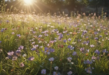 Obraz premium Delicate wildflowers in full bloom, bathed in sunlight , beautiful, spring