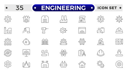 Engineering outline icon set. Future technology icon set. Containing robot, artificial intelligence, innovation, smart city, robotics, humanoid, hologram, digital world, high-tech and automation.