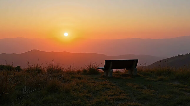 A lonely bench rests under a vivid sunset, casting warm light across a barren, desolate landscape &mdash; a serene yet haunting view of solitude.