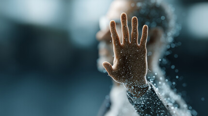 Human Touch in Digital Realm: A close-up shot of a person's hand, seemingly interacting with an invisible digital interface, with particles and data visualized around the touch point.