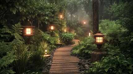 Obraz premium Serene path through a lush, misty forest