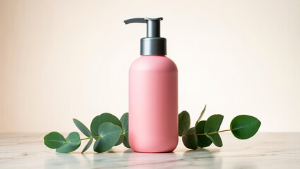 A pink cosmetic pump bottle surrounded by fresh green leaves, creating a vibrant, natural aesthetic perfect for beauty and skincare product branding.