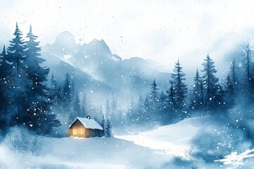 watercolor winter landscape with soft blue gradients and scattered snowflakes, featuring a cozy cabin in the woods, Generative AI