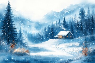 watercolor winter landscape with soft blue gradients and scattered snowflakes, featuring a cozy cabin in the woods, Generative AI