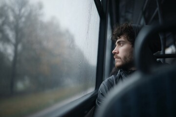 A young man looks out the rain-streaked window of a bus with a thoughtful expression, lost in contemplation as he travels through a gray landscape.