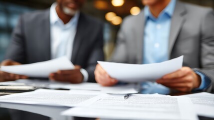 Employees focused on business proposal documents during review