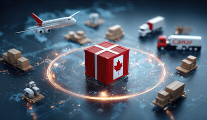 Canadian international trade and logistics: a 3D render showing cargo containers, trucks, and an airplane, symbolizing global shipping and commerce. : Generative AI