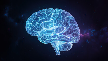 A glowing human brain formed from fractal patterns floats in cosmic space, symbolizing deep thought and neural connections, set against a dark, vibrant backdrop.