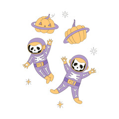 Groovy Creepy Cute astronaut skeleton Pumpkin planet in Outer Space hand drawn vector clip-art set isolated on white. Cosmic Spooky Halloween Galaxy design elements