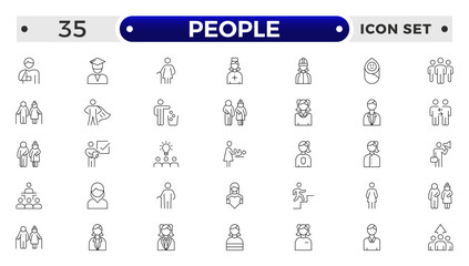 People outline icon set. Containing group, family, human, team, community, friends, population and senior icons.