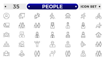 People outline icon set. Containing group, family, human, team, community, friends, population and senior icons.