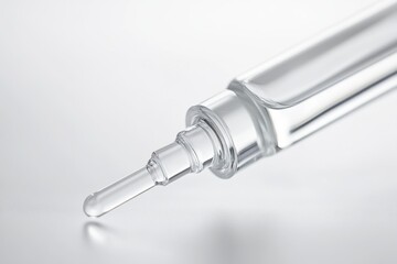 Close-up of Clear Glass Dropper with Liquid Solution on White Background in Studio Lighting for Medical or Cosmetic Product