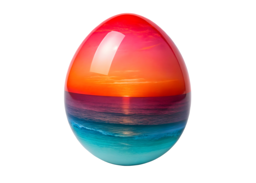 Conceptual easter egg featuring a vibrant sunset over ocean waters against a black background