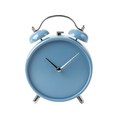 stylish blue alarm clock with classic design with round face and twin bells, isolated on transparent background