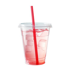 clear disposable cup filled with refreshing drink and ice cubes with red straw, isolated on transparent background